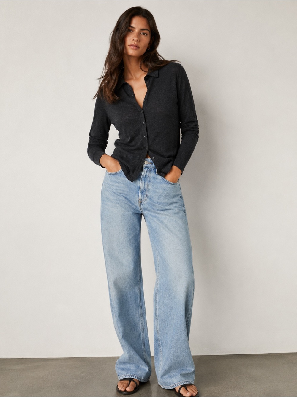 Massimo Dutti Women’s Black Jersey Button-Up Shirt